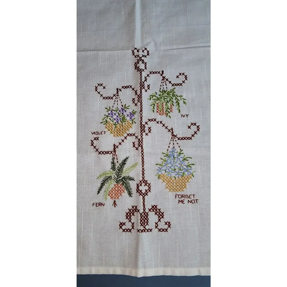 Vintage Hand Embroidered Linen Curtain Panel Hanging Flower Basket Cottagecore